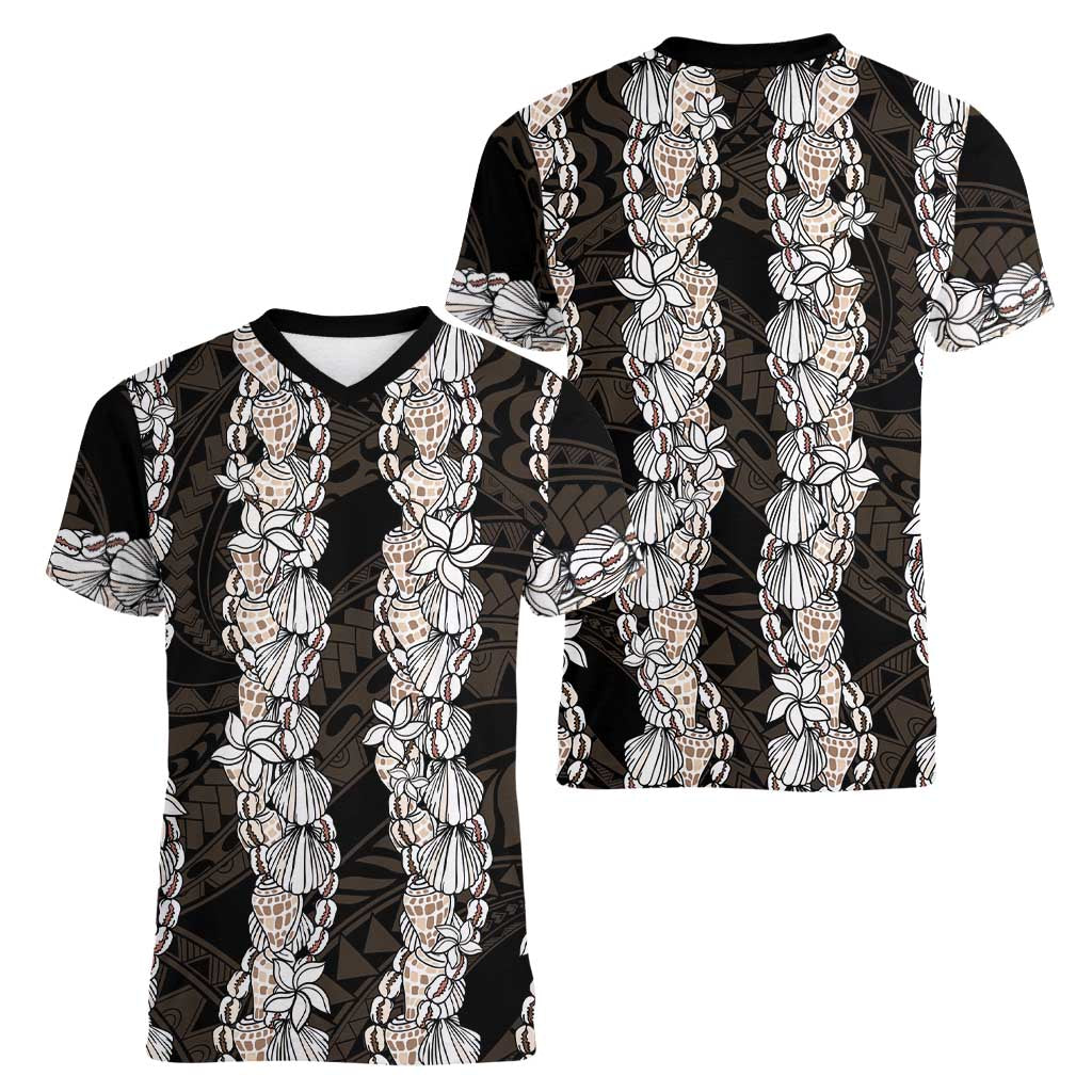 Black and Beige Hawaii Shell Lei Women V-Neck T-Shirt Hawaiian Sunrise Shell Hebrew Cone Plumeria LT14 - Polynesian Pride