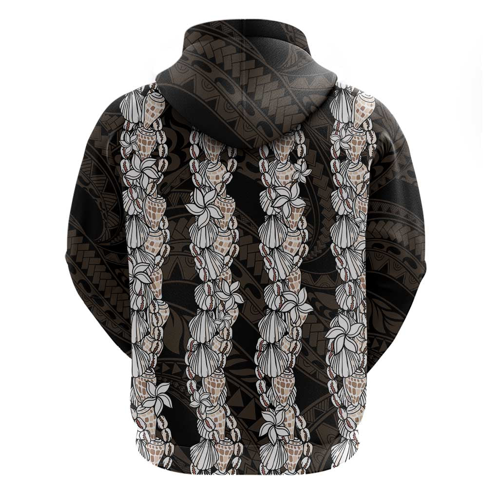 Black and Beige Hawaii Shell Lei Zip Hoodie Hawaiian Sunrise Shell Hebrew Cone Plumeria - Polynesian Pride
