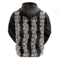 Black and Beige Hawaii Shell Lei Zip Hoodie Hawaiian Sunrise Shell Hebrew Cone Plumeria - Polynesian Pride
