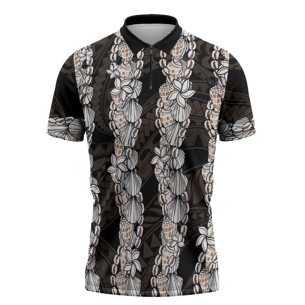 Black and Beige Hawaii Shell Lei Zipper Polo Shirt Hawaiian Sunrise Shell Hebrew Cone Plumeria - Polynesian Pride