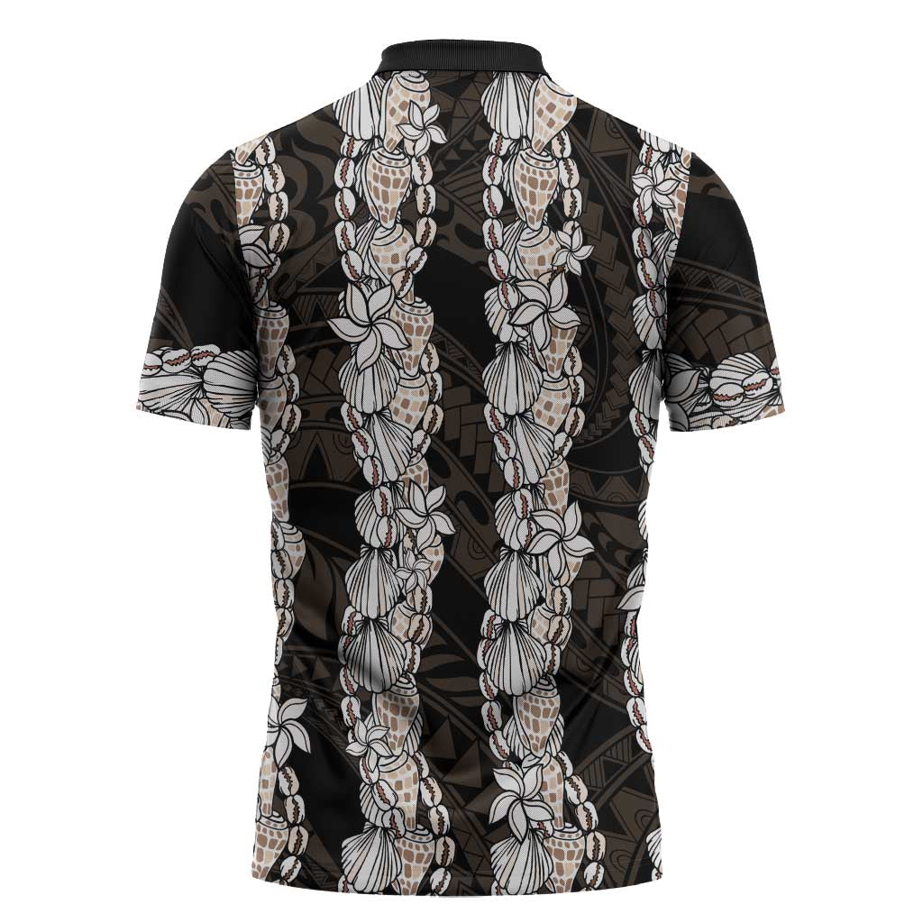 Black and Beige Hawaii Shell Lei Zipper Polo Shirt Hawaiian Sunrise Shell Hebrew Cone Plumeria - Polynesian Pride
