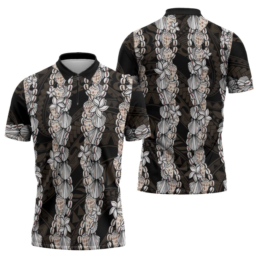 Black and Beige Hawaii Shell Lei Zipper Polo Shirt Hawaiian Sunrise Shell Hebrew Cone Plumeria - Polynesian Pride