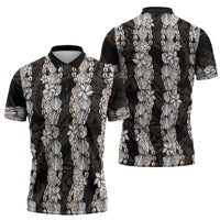 Black and Beige Hawaii Shell Lei Zipper Polo Shirt Hawaiian Sunrise Shell Hebrew Cone Plumeria - Polynesian Pride