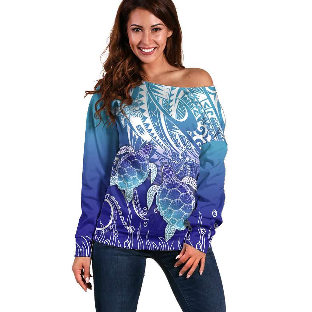 Polynesia Sea Turtle Off Shoulder Sweater Happy Valentine Day Polynesian - Dark Cyan LT14 Women Dark Cyan - Polynesian Pride