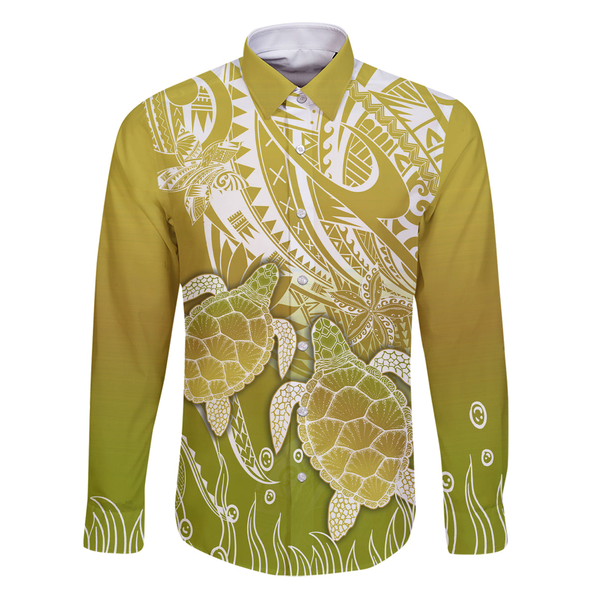 Polynesia Sea Turtle Family Matching Off Shoulder Maxi Dress and Hawaiian Shirt Happy Valentine Day Polynesian - Gold LT14 Dad's Shirt - Long Sleeve Gold - Polynesian Pride