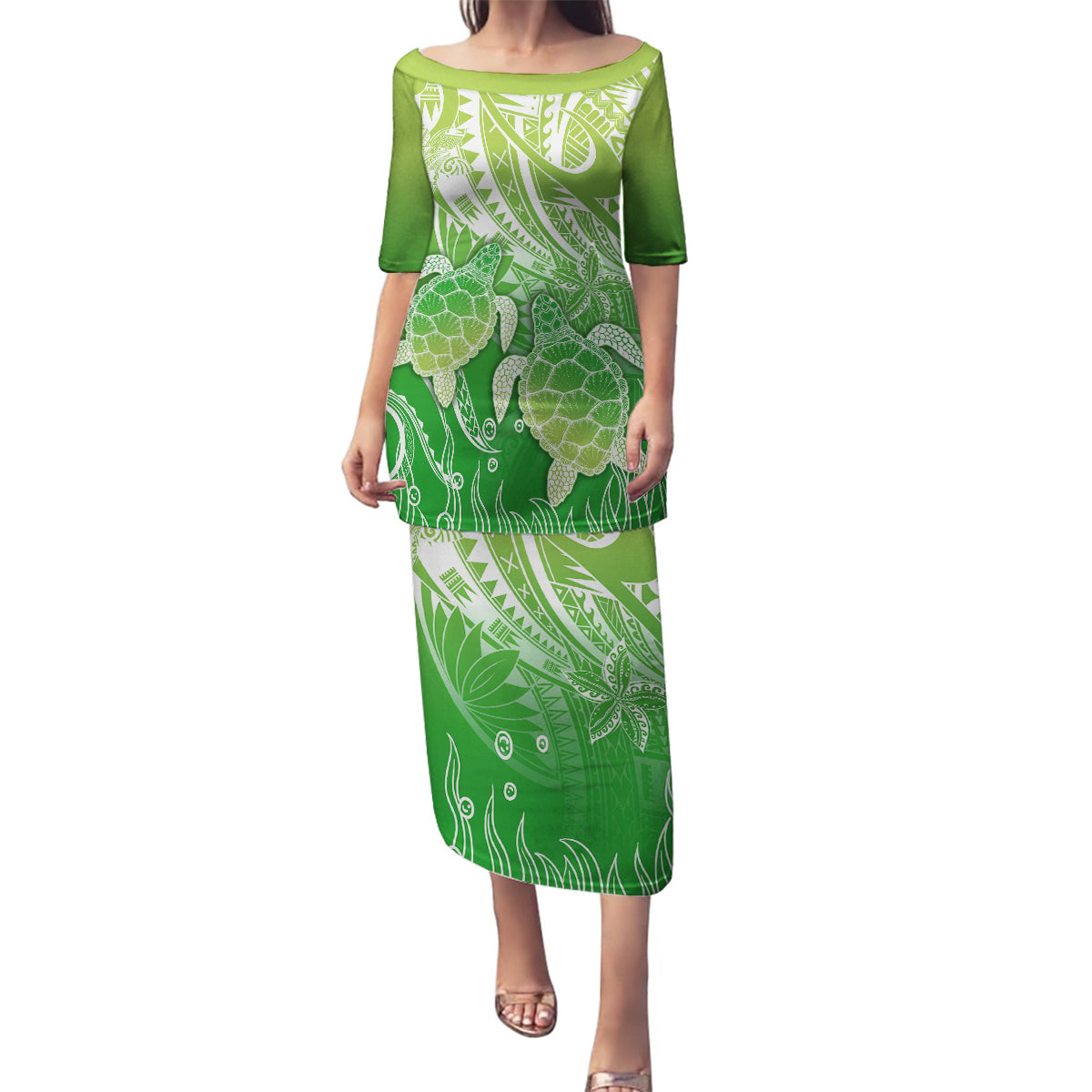 Polynesia Sea Turtle Family Matching Puletasi Dress and Hawaiian Shirt Happy Valentine Day Polynesian - Green LT14 Mom's Dress Green - Polynesian Pride