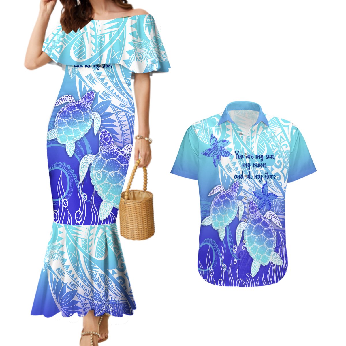 Polynesia Valentine Day Couples Matching Mermaid Dress and Hawaiian Shirt Polynesian Sea Turtle Turquoise Version LT14 Turquoise - Polynesian Pride