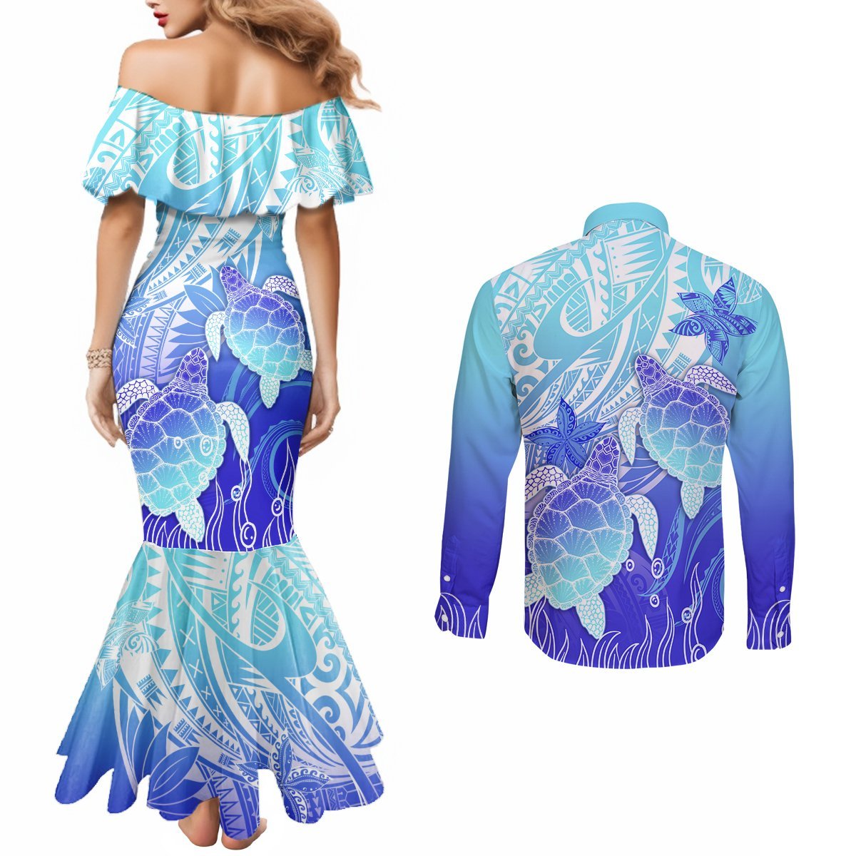 Polynesia Valentine Day Couples Matching Mermaid Dress and Long Sleeve Button Shirt Polynesian Sea Turtle Turquoise Version LT14 - Polynesian Pride