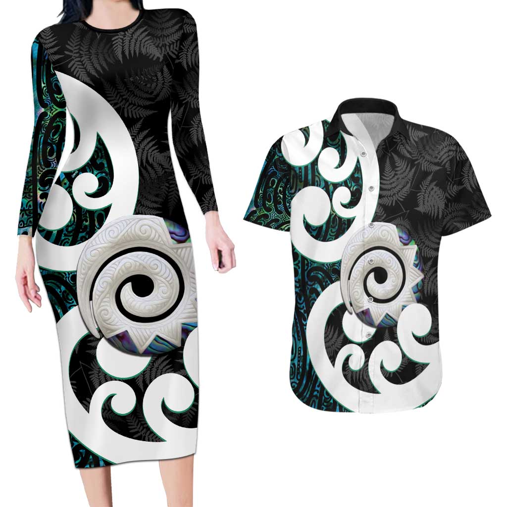 Aotearoa Koru Couples Matching Long Sleeve Bodycon Dress and Hawaiian Shirt Cyan Maori Paua Shell Mix Silver Fern LT14 Black - Polynesian Pride