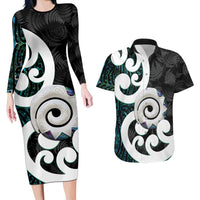Aotearoa Koru Couples Matching Long Sleeve Bodycon Dress and Hawaiian Shirt Cyan Maori Paua Shell Mix Silver Fern LT14 Black - Polynesian Pride