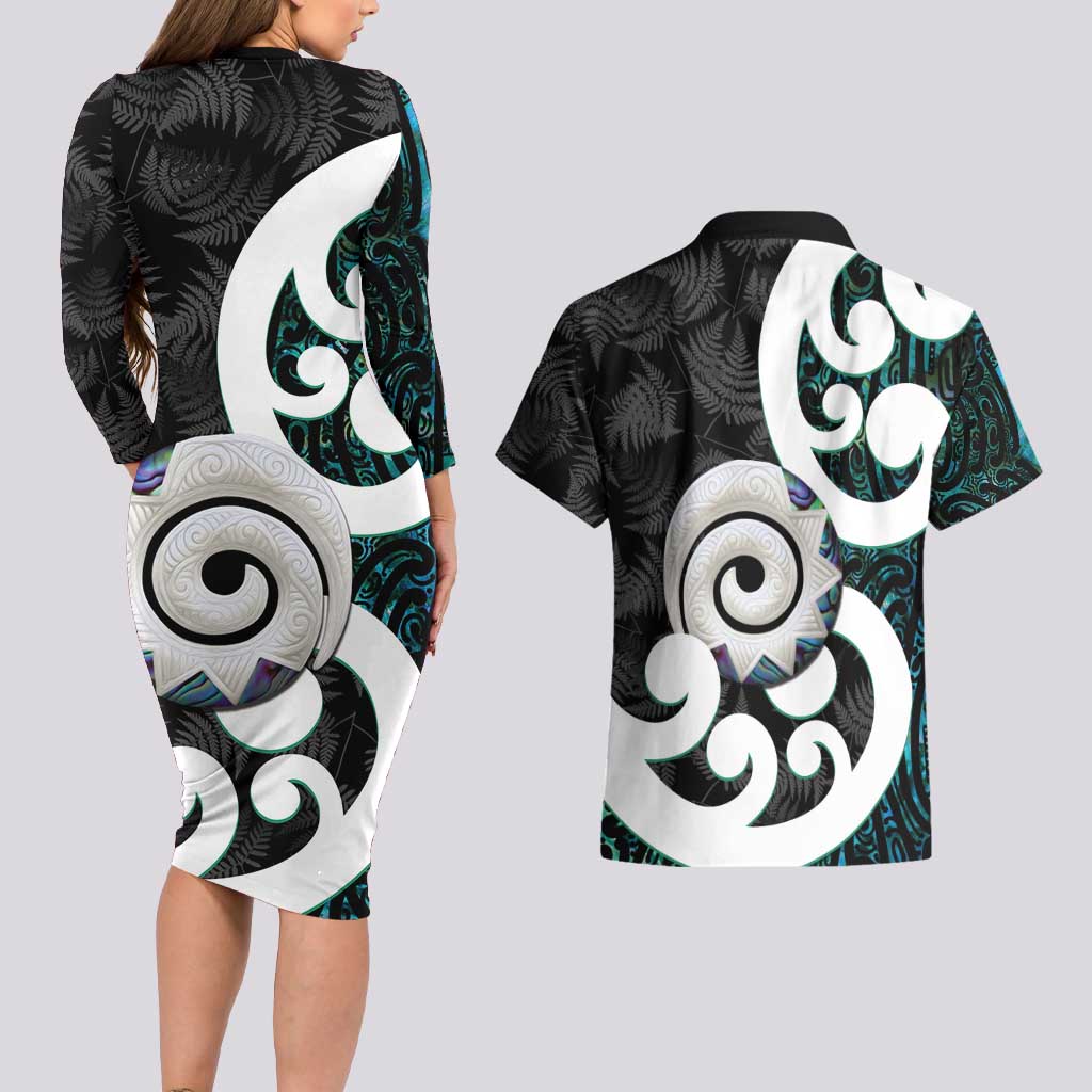 Aotearoa Koru Couples Matching Long Sleeve Bodycon Dress and Hawaiian Shirt Cyan Maori Paua Shell Mix Silver Fern LT14 - Polynesian Pride