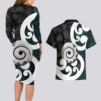 Aotearoa Koru Couples Matching Long Sleeve Bodycon Dress and Hawaiian Shirt Cyan Maori Paua Shell Mix Silver Fern LT14 - Polynesian Pride