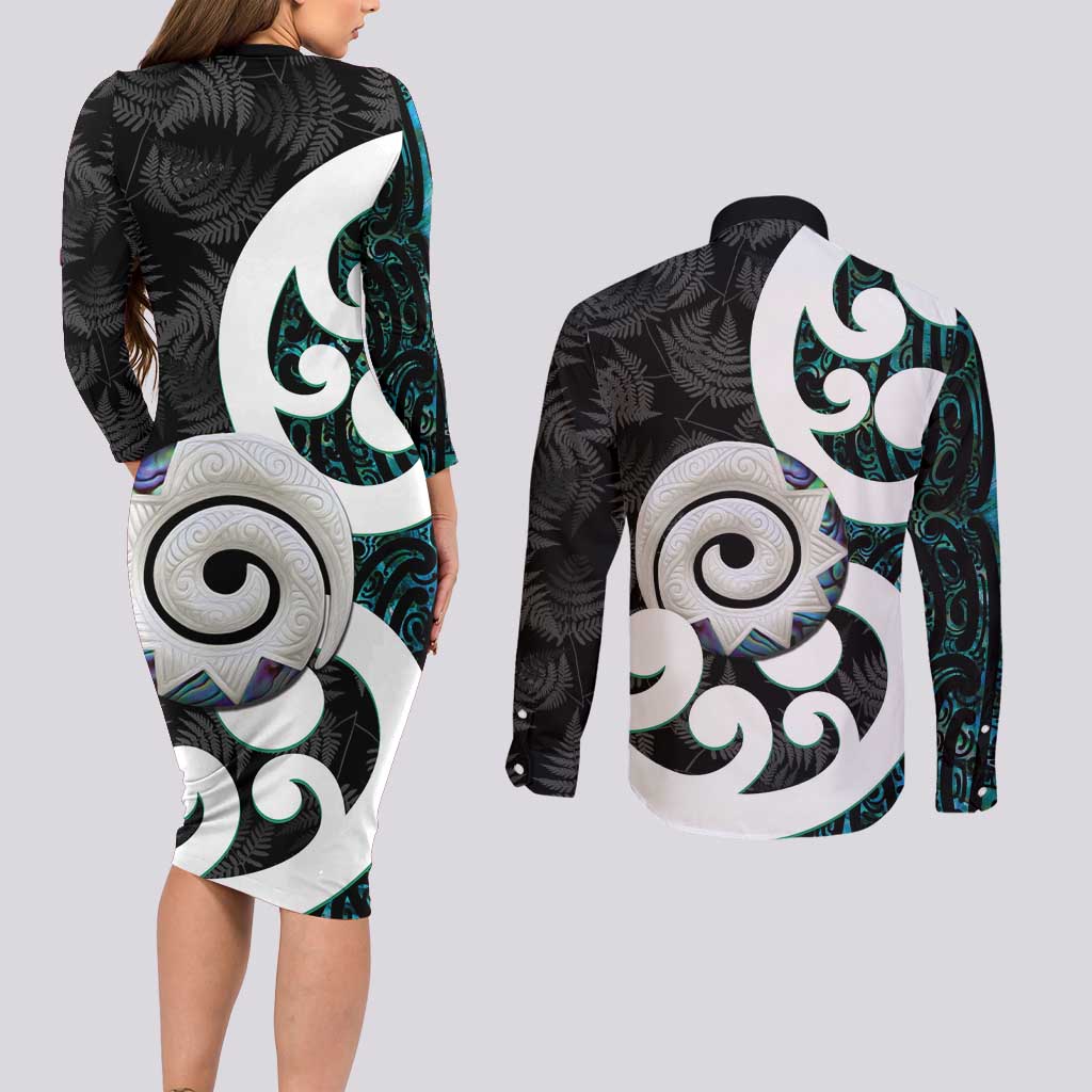 Aotearoa Koru Couples Matching Long Sleeve Bodycon Dress and Long Sleeve Button Shirt Cyan Maori Paua Shell Mix Silver Fern LT14 - Polynesian Pride
