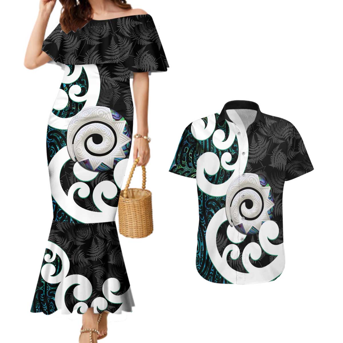 Aotearoa Koru Couples Matching Mermaid Dress and Hawaiian Shirt Cyan Maori Paua Shell Mix Silver Fern LT14 Black - Polynesian Pride
