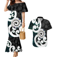Aotearoa Koru Couples Matching Mermaid Dress and Hawaiian Shirt Cyan Maori Paua Shell Mix Silver Fern LT14 Black - Polynesian Pride