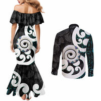Aotearoa Koru Couples Matching Mermaid Dress and Long Sleeve Button Shirt Cyan Maori Paua Shell Mix Silver Fern LT14 - Polynesian Pride
