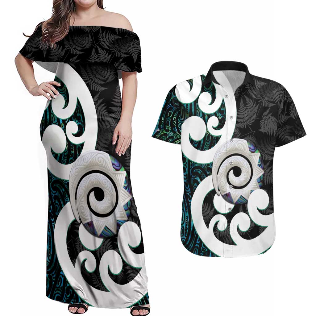 Aotearoa Koru Couples Matching Off Shoulder Maxi Dress and Hawaiian Shirt Cyan Maori Paua Shell Mix Silver Fern LT14 Black - Polynesian Pride