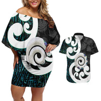 Aotearoa Koru Couples Matching Off Shoulder Short Dress and Hawaiian Shirt Cyan Maori Paua Shell Mix Silver Fern LT14 Black - Polynesian Pride