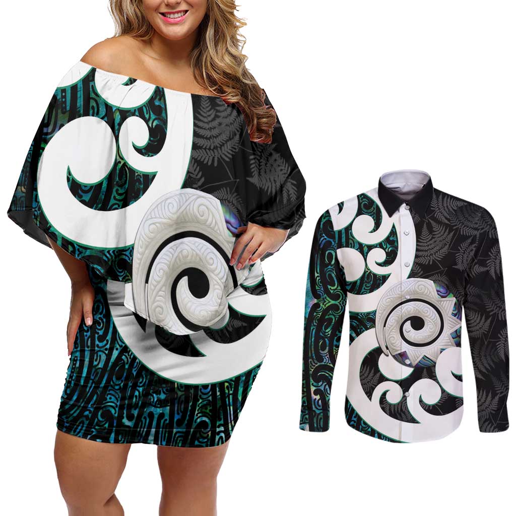 Aotearoa Koru Couples Matching Off Shoulder Short Dress and Long Sleeve Button Shirt Cyan Maori Paua Shell Mix Silver Fern LT14 Black - Polynesian Pride