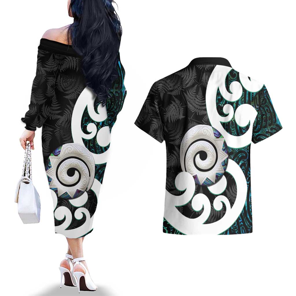 Aotearoa Koru Couples Matching Off The Shoulder Long Sleeve Dress and Hawaiian Shirt Cyan Maori Paua Shell Mix Silver Fern LT14 - Polynesian Pride
