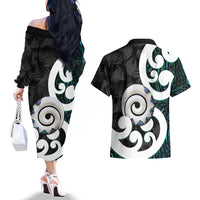 Aotearoa Koru Couples Matching Off The Shoulder Long Sleeve Dress and Hawaiian Shirt Cyan Maori Paua Shell Mix Silver Fern LT14 - Polynesian Pride