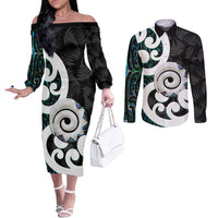 Aotearoa Koru Couples Matching Off The Shoulder Long Sleeve Dress and Long Sleeve Button Shirt Cyan Maori Paua Shell Mix Silver Fern LT14 Black - Polynesian Pride