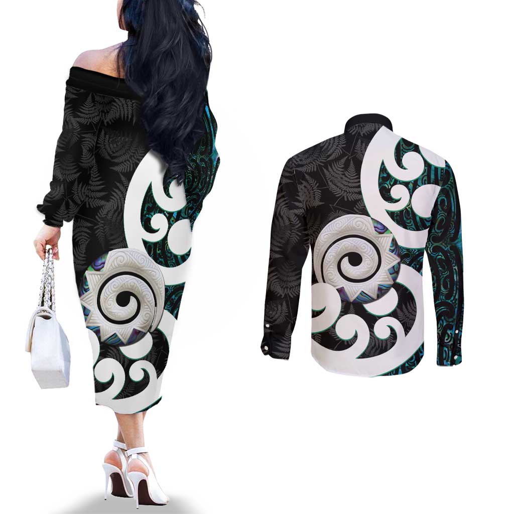 Aotearoa Koru Couples Matching Off The Shoulder Long Sleeve Dress and Long Sleeve Button Shirt Cyan Maori Paua Shell Mix Silver Fern LT14 - Polynesian Pride