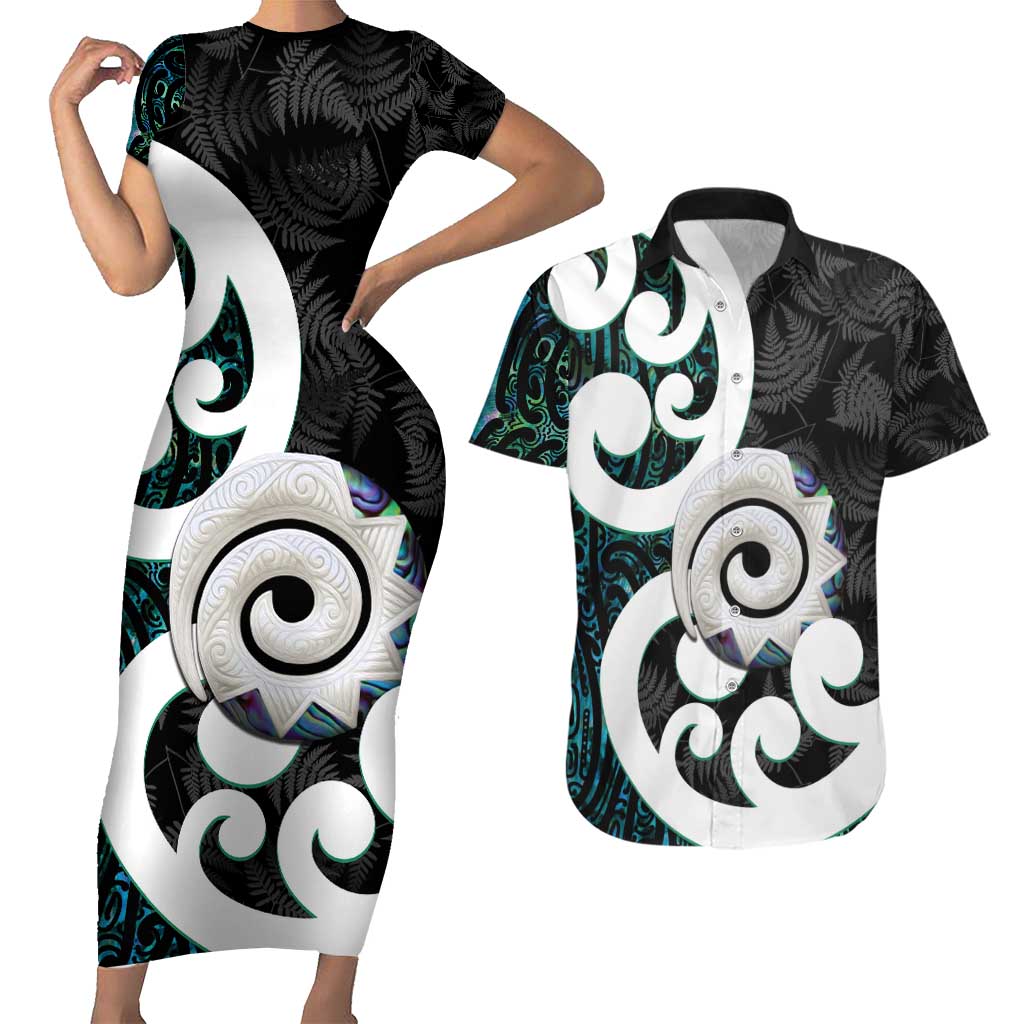 Aotearoa Koru Couples Matching Short Sleeve Bodycon Dress and Hawaiian Shirt Cyan Maori Paua Shell Mix Silver Fern LT14 Black - Polynesian Pride