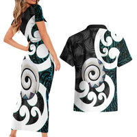 Aotearoa Koru Couples Matching Short Sleeve Bodycon Dress and Hawaiian Shirt Cyan Maori Paua Shell Mix Silver Fern LT14 - Polynesian Pride