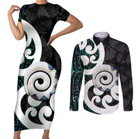 Aotearoa Koru Couples Matching Short Sleeve Bodycon Dress and Long Sleeve Button Shirt Cyan Maori Paua Shell Mix Silver Fern LT14 Black - Polynesian Pride