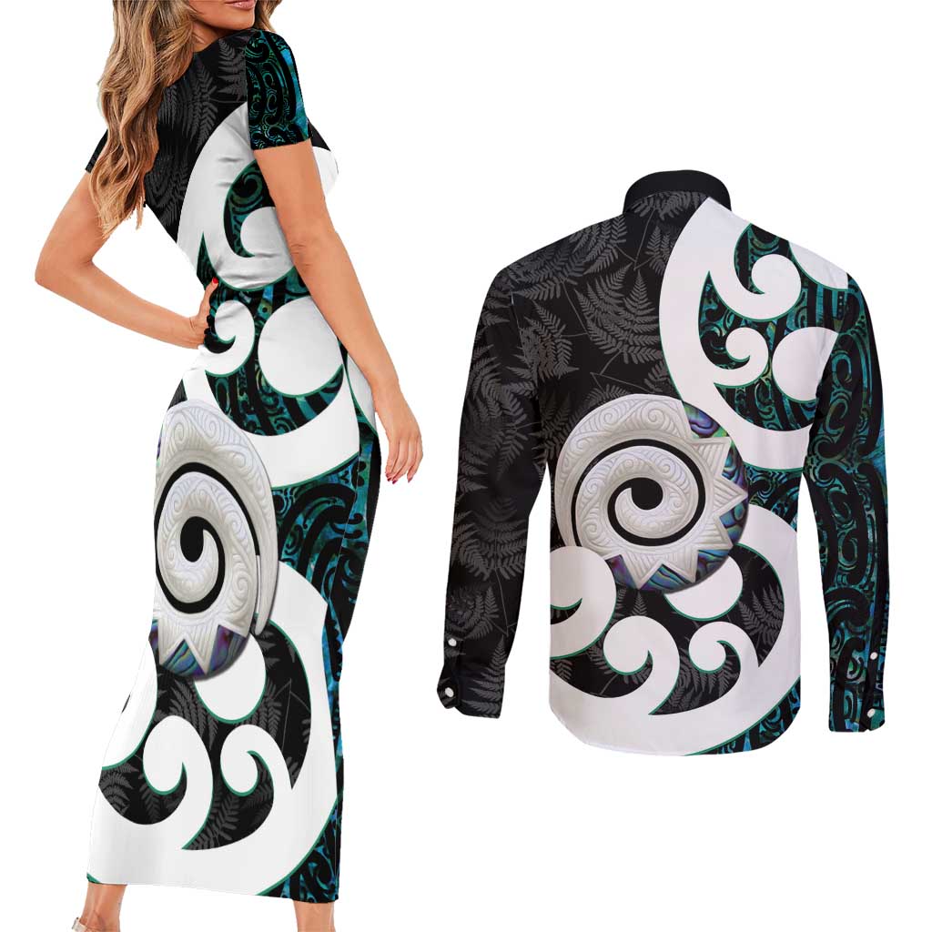 Aotearoa Koru Couples Matching Short Sleeve Bodycon Dress and Long Sleeve Button Shirt Cyan Maori Paua Shell Mix Silver Fern LT14 - Polynesian Pride
