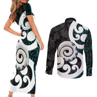 Aotearoa Koru Couples Matching Short Sleeve Bodycon Dress and Long Sleeve Button Shirt Cyan Maori Paua Shell Mix Silver Fern LT14 - Polynesian Pride