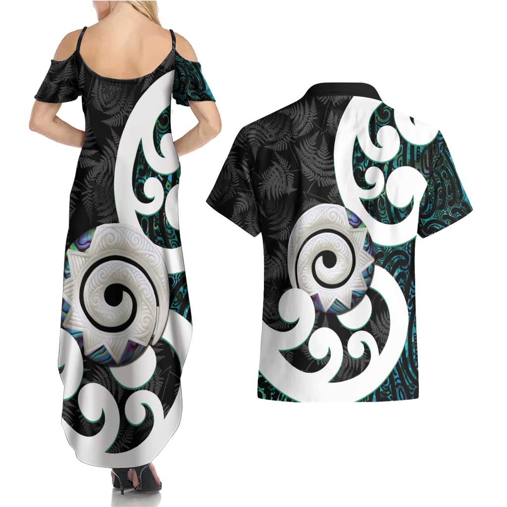 Aotearoa Koru Couples Matching Summer Maxi Dress and Hawaiian Shirt Cyan Maori Paua Shell Mix Silver Fern LT14 - Polynesian Pride