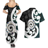 Aotearoa Koru Couples Matching Summer Maxi Dress and Hawaiian Shirt Cyan Maori Paua Shell Mix Silver Fern LT14 - Polynesian Pride