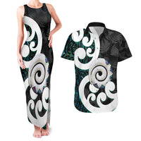 Aotearoa Koru Couples Matching Tank Maxi Dress and Hawaiian Shirt Cyan Maori Paua Shell Mix Silver Fern LT14 Black - Polynesian Pride