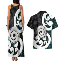 Aotearoa Koru Couples Matching Tank Maxi Dress and Hawaiian Shirt Cyan Maori Paua Shell Mix Silver Fern LT14 - Polynesian Pride