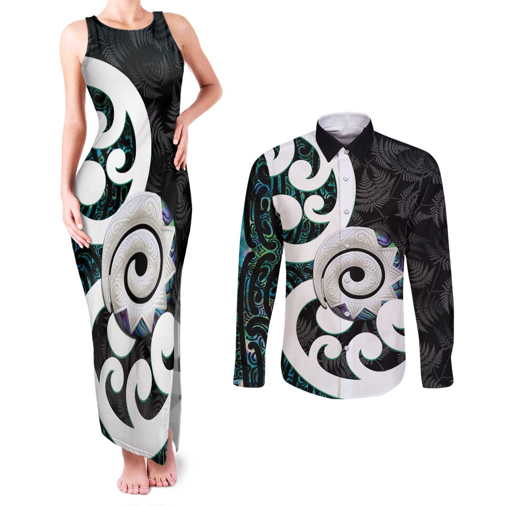 Aotearoa Koru Couples Matching Tank Maxi Dress and Long Sleeve Button Shirt Cyan Maori Paua Shell Mix Silver Fern LT14 Black - Polynesian Pride