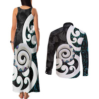 Aotearoa Koru Couples Matching Tank Maxi Dress and Long Sleeve Button Shirt Cyan Maori Paua Shell Mix Silver Fern LT14 - Polynesian Pride