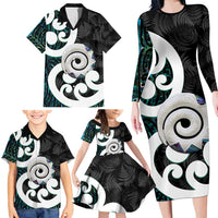 Aotearoa Koru Family Matching Long Sleeve Bodycon Dress and Hawaiian Shirt Cyan Maori Paua Shell Mix Silver Fern LT14 - Polynesian Pride