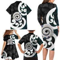 Aotearoa Koru Family Matching Long Sleeve Bodycon Dress and Hawaiian Shirt Cyan Maori Paua Shell Mix Silver Fern LT14 - Polynesian Pride