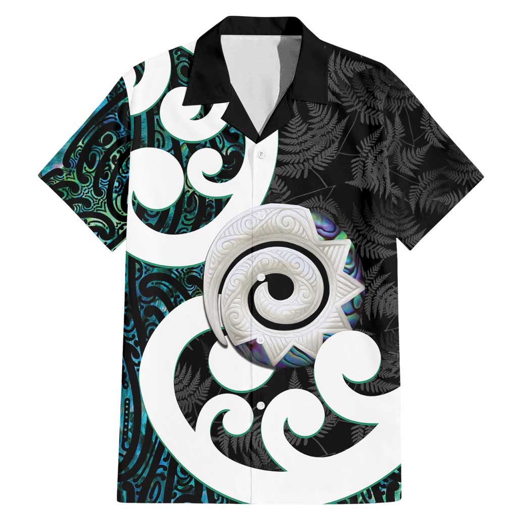 Aotearoa Koru Family Matching Mermaid Dress and Hawaiian Shirt Cyan Maori Paua Shell Mix Silver Fern LT14 Dad's Shirt - Short Sleeve Black - Polynesian Pride