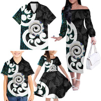 Aotearoa Koru Family Matching Off The Shoulder Long Sleeve Dress and Hawaiian Shirt Cyan Maori Paua Shell Mix Silver Fern LT14 - Polynesian Pride