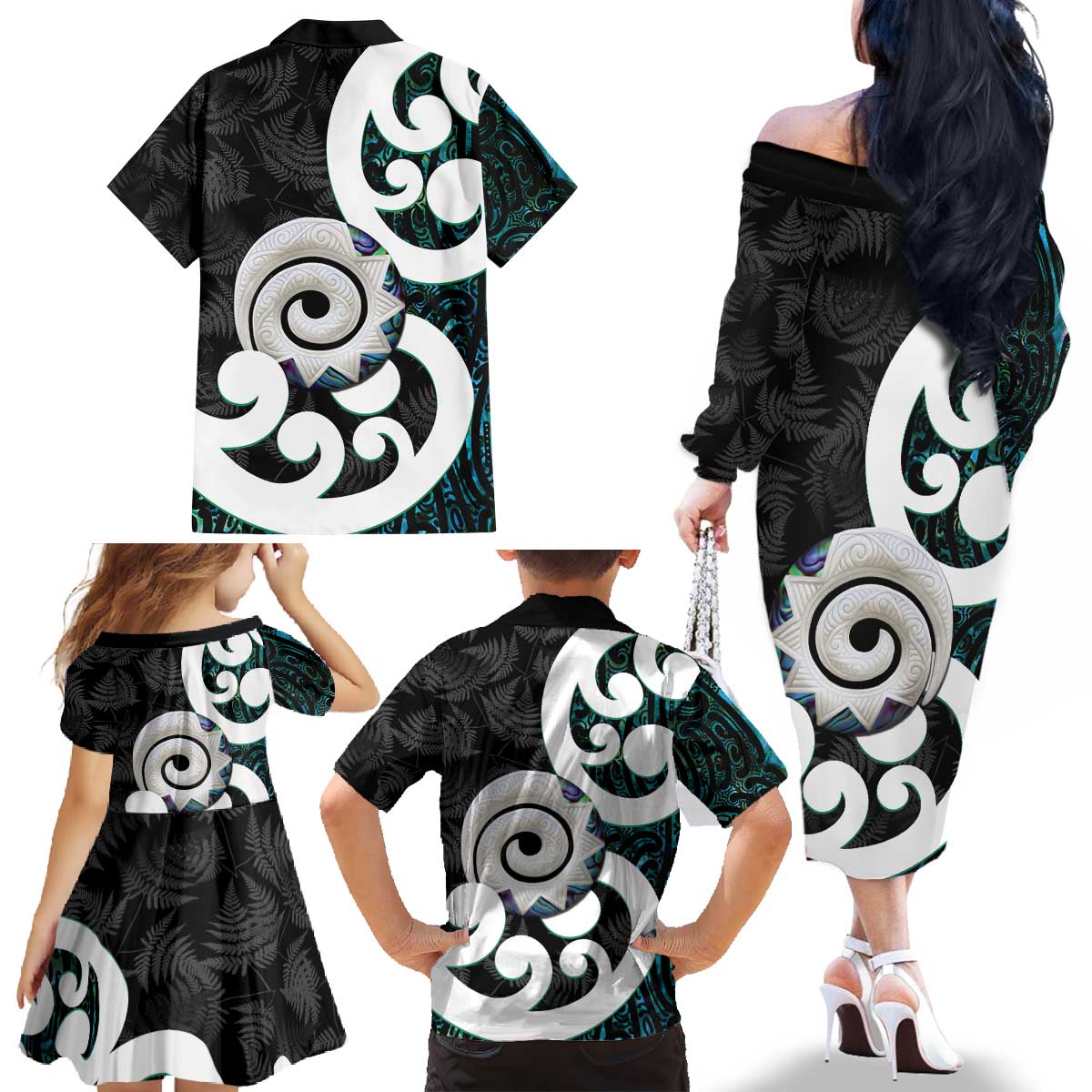 Aotearoa Koru Family Matching Off The Shoulder Long Sleeve Dress and Hawaiian Shirt Cyan Maori Paua Shell Mix Silver Fern LT14 - Polynesian Pride