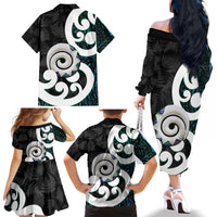 Aotearoa Koru Family Matching Off The Shoulder Long Sleeve Dress and Hawaiian Shirt Cyan Maori Paua Shell Mix Silver Fern LT14 - Polynesian Pride
