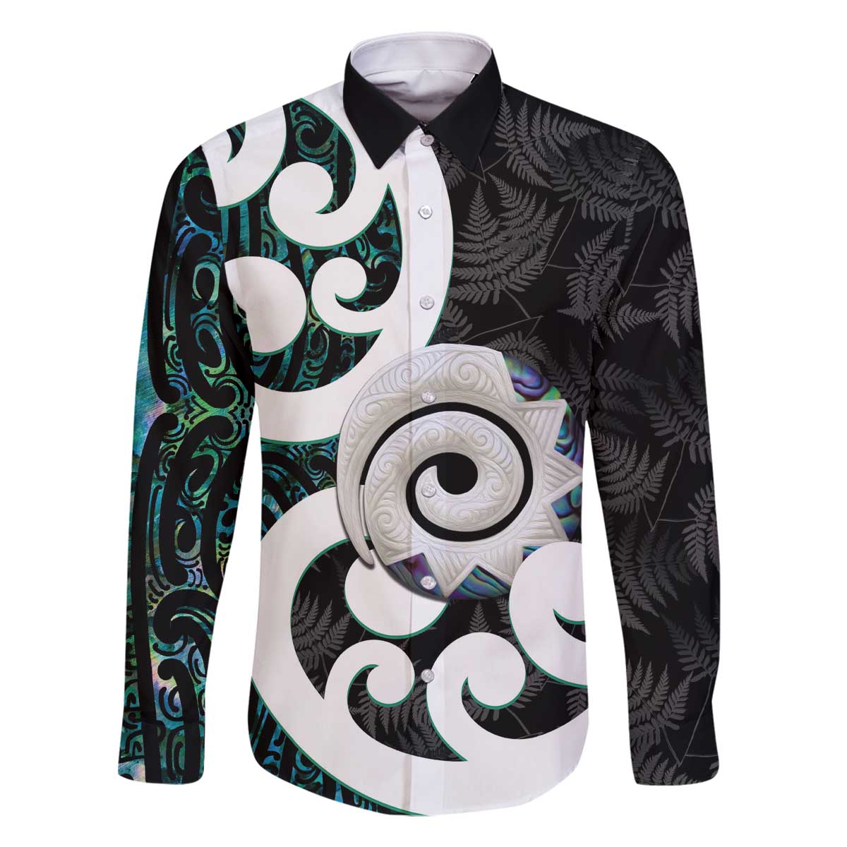 Aotearoa Koru Family Matching Off The Shoulder Long Sleeve Dress and Hawaiian Shirt Cyan Maori Paua Shell Mix Silver Fern LT14 Dad's Shirt - Long Sleeve Black - Polynesian Pride