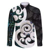 Aotearoa Koru Family Matching Off The Shoulder Long Sleeve Dress and Hawaiian Shirt Cyan Maori Paua Shell Mix Silver Fern LT14 Dad's Shirt - Long Sleeve Black - Polynesian Pride