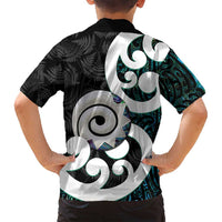 Aotearoa Koru Family Matching Off Shoulder Maxi Dress and Hawaiian Shirt Cyan Maori Paua Shell Mix Silver Fern LT14 - Polynesian Pride