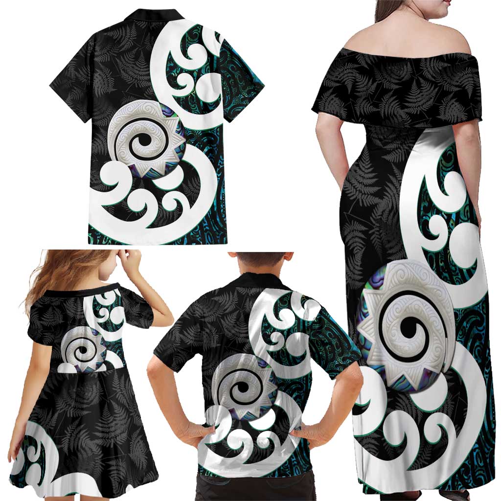 Aotearoa Koru Family Matching Off Shoulder Maxi Dress and Hawaiian Shirt Cyan Maori Paua Shell Mix Silver Fern LT14 - Polynesian Pride