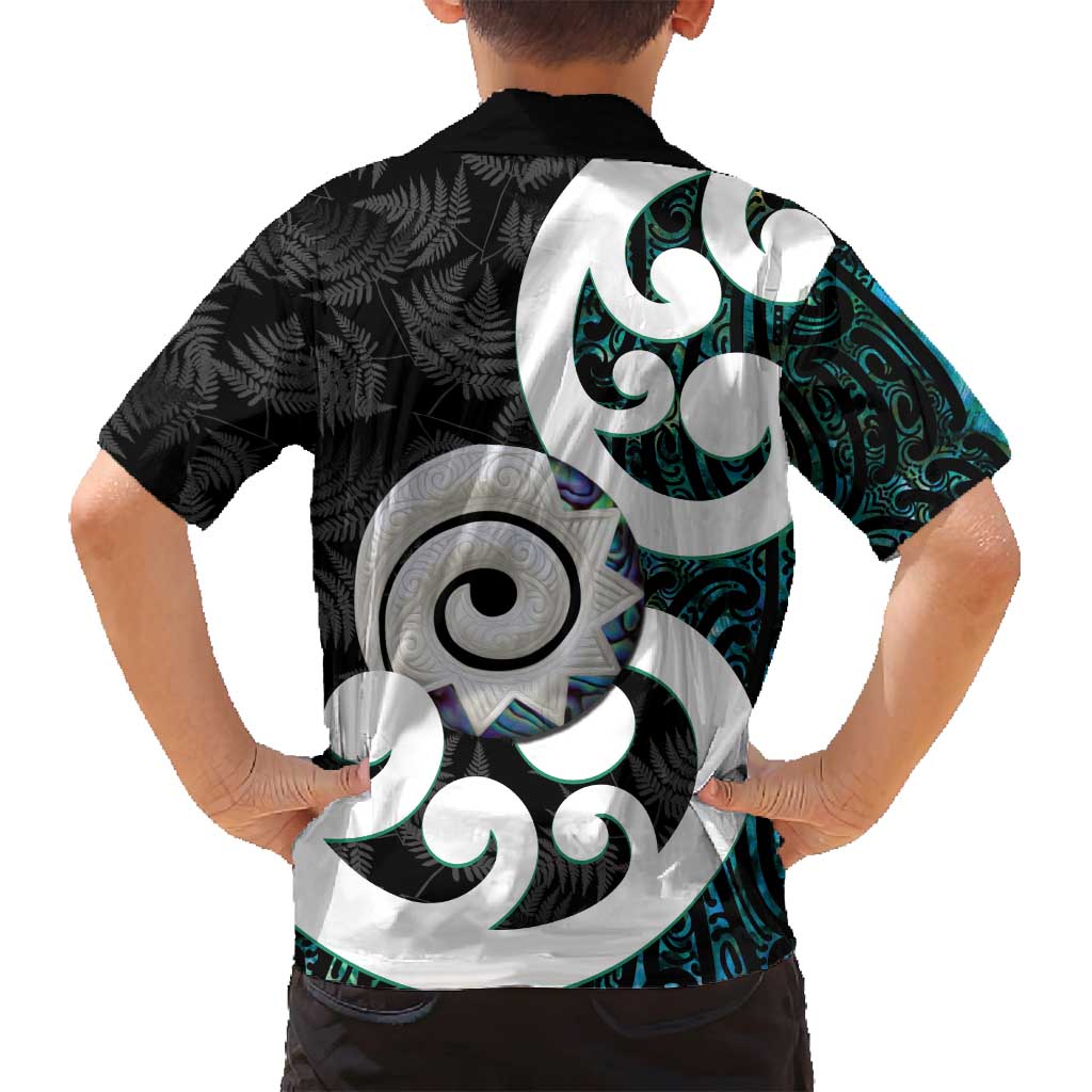 Aotearoa Koru Family Matching Off Shoulder Short Dress and Hawaiian Shirt Cyan Maori Paua Shell Mix Silver Fern LT14 - Polynesian Pride