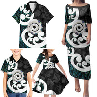 Aotearoa Koru Family Matching Puletasi and Hawaiian Shirt Cyan Maori Paua Shell Mix Silver Fern LT14 - Polynesian Pride